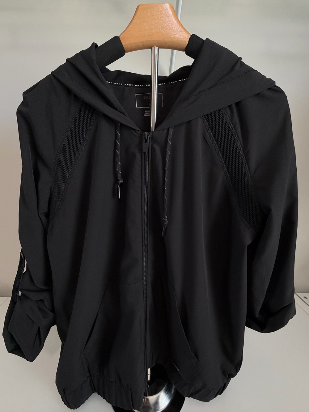 DKNY Women's Black Hooded Bomber Jacket with Mesh Detail